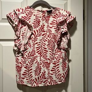 Red and White Leaf Print Ruffle Blouse